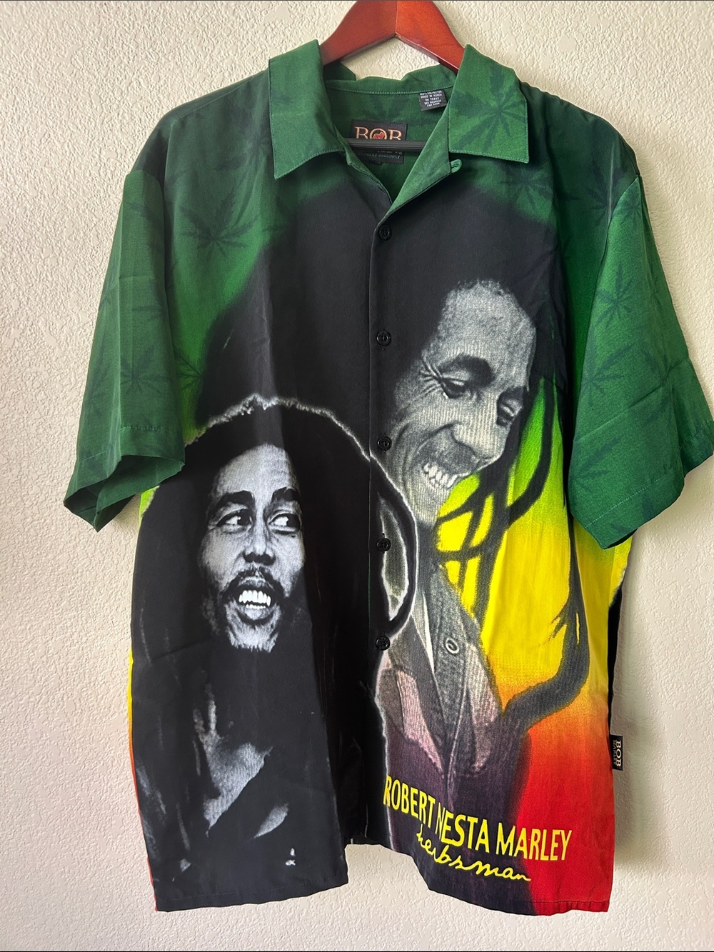 Bob Marley Graphic Short-Sleeve Shirt - Green/Black/Yellow/Red, Sz L